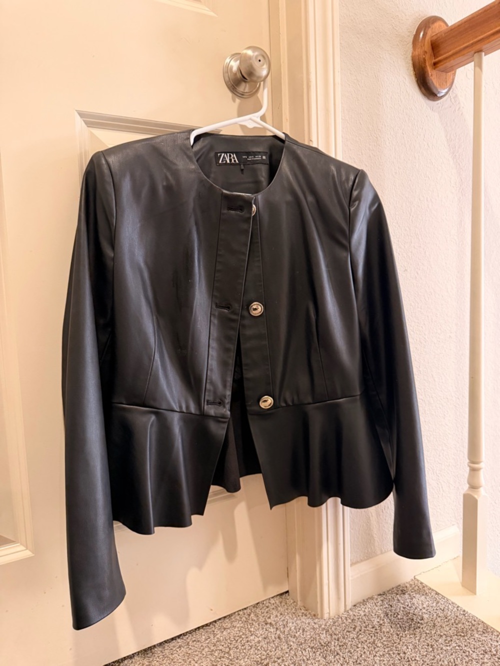 ZARA Black Faux Leather Peplum-Style Jacket with Button Front - Picture 2 of 3